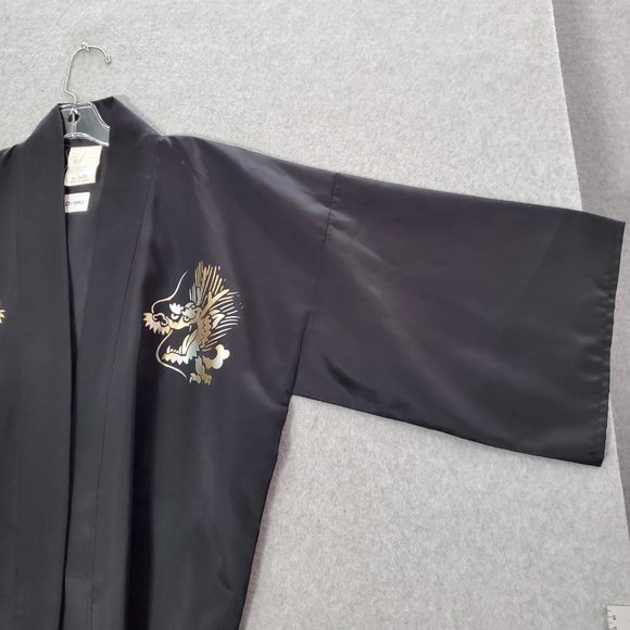 VINTAGE Japanese Dragons Men Kimono One Size Black Open Front Made In‎ Japan - Picture 6 of 10